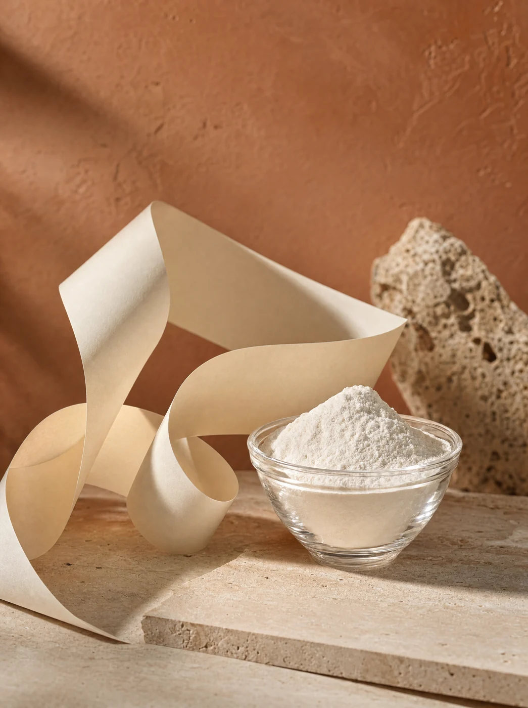 A glass bowl of white powder beside folded ivory paper on warm stone